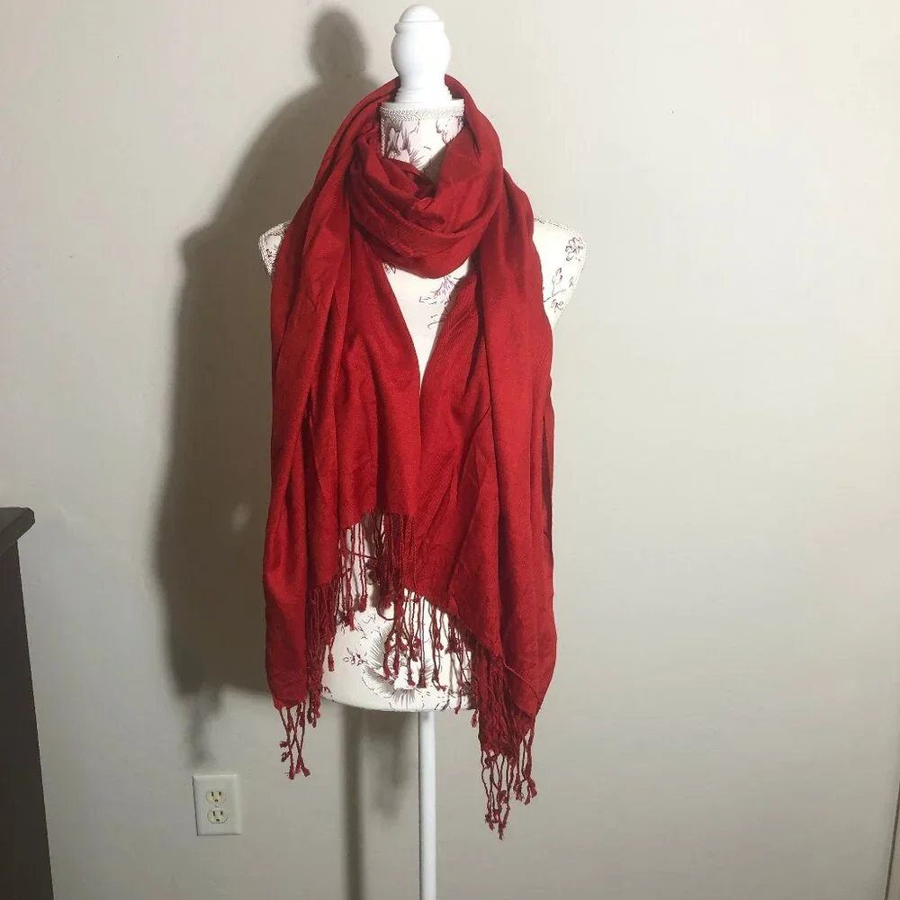 ❤️ Vintage Red Pashmina & Silk Scarf | Made in Nepal | Artsy Bohemian Timeless
